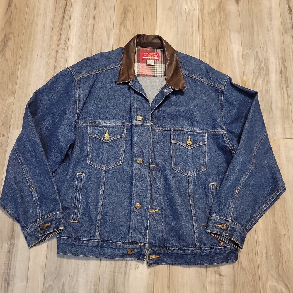 Vintage Marlboro Country Store Mens Large Denim Trucker Jacket Leather Collar